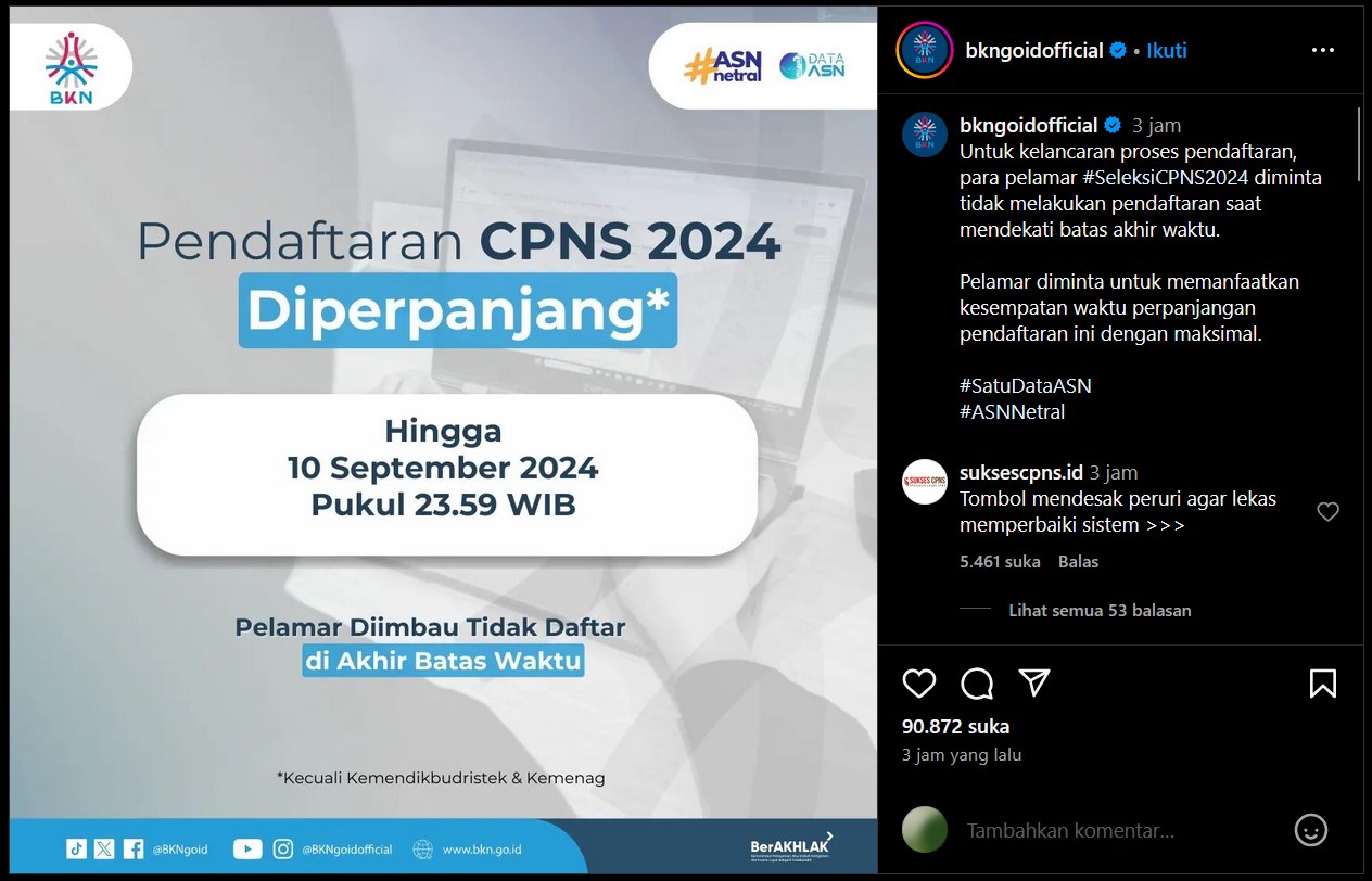 KABAR BAIK: Perpanjangan Pendaftaran CPNS 2024 Diumumkan lewat akun Instagram Resmi BKN. (TANGKAPAN LAYAR)