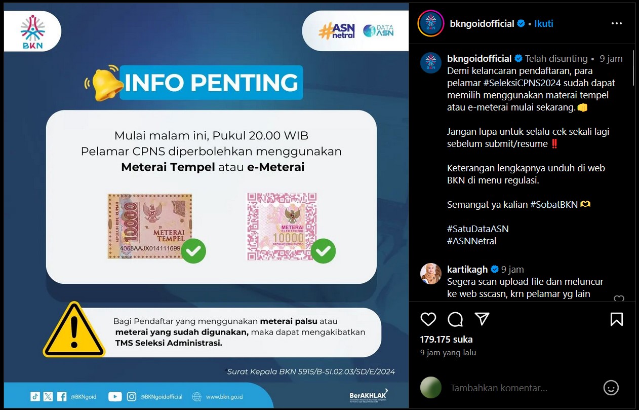 INFO: Pemerintah mengumumkan bahwa peserta pendaftaran CPNS 2024 boleh menggunakan meterai tempel, karena e-meterai eror. (TANGKAPAN LAYAR)