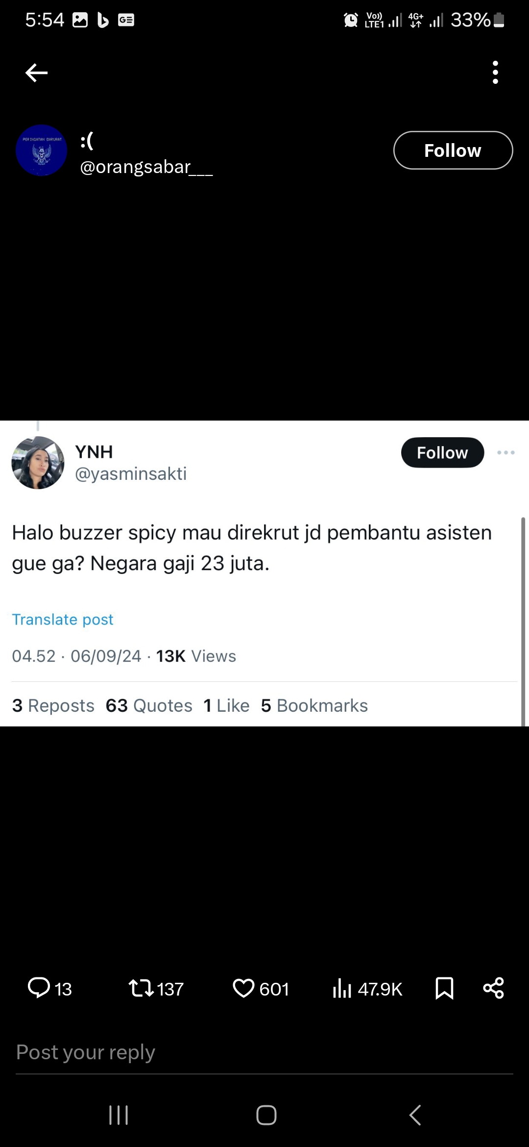 Salah satu screenshot postingan Yasmin di Twitter/X yang tersebar di media sosial. Kini akun tersebut hilang dan didugan non aktif.
