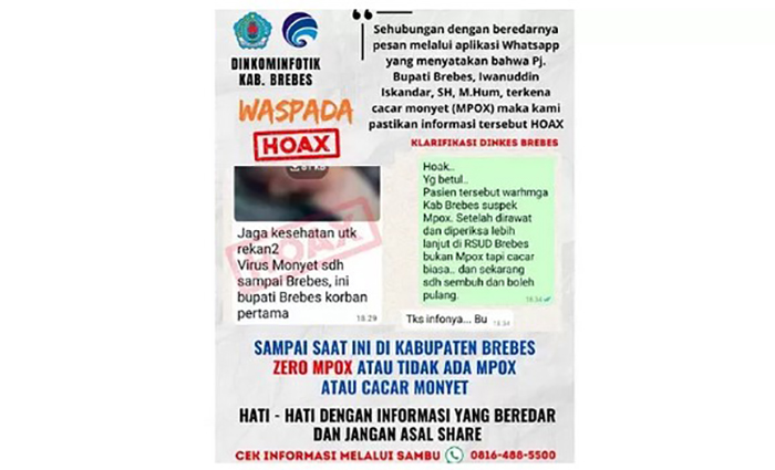 HOAX: Dinas Komunikasi, Informatika, dan Statistik Brebes menegaskan bahwa informasi terkait Pj Bupati Brebes Iwanuddin Iskandar terinfeksi cacar monyet (Mpox) adalah tidak benar alias hoax.