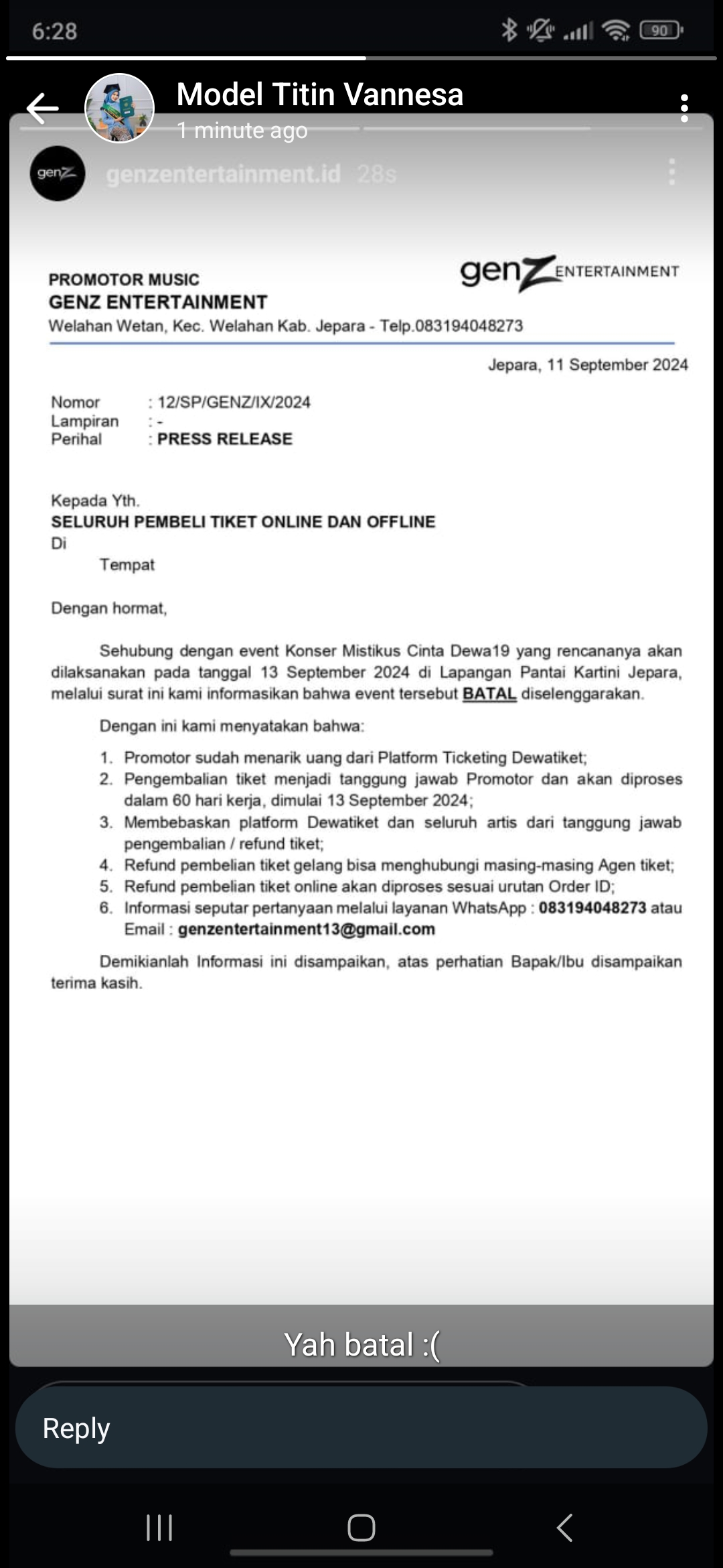Tangkapan layar Instastory genz entertainment.