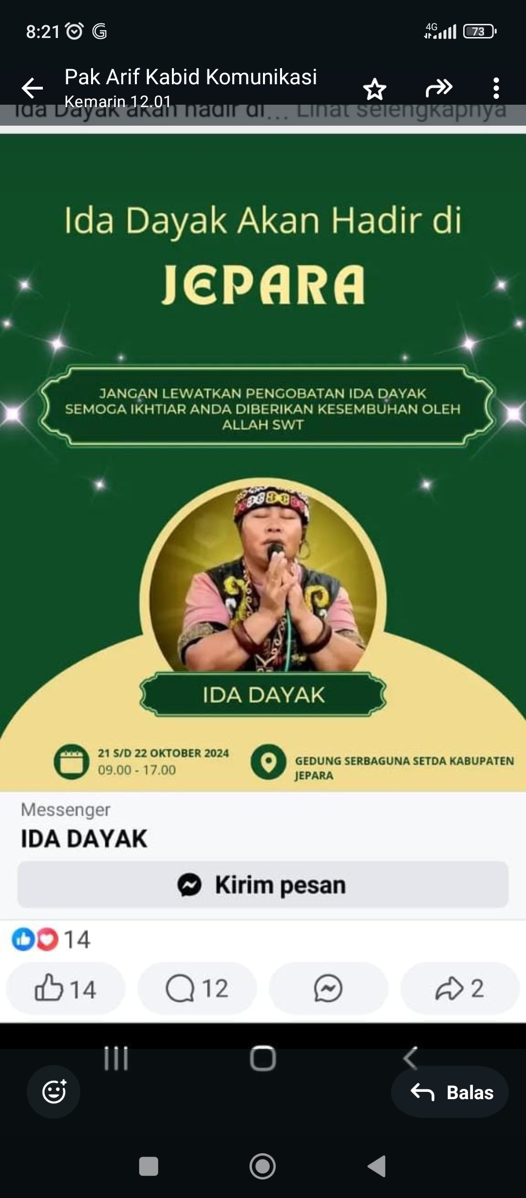 Flayer pengobatan Ida Dayak ramai di medsos, namun pemkab memastikan tidak ada kegiatan tersebut yang meminjam gedung serbaguna Jepara.