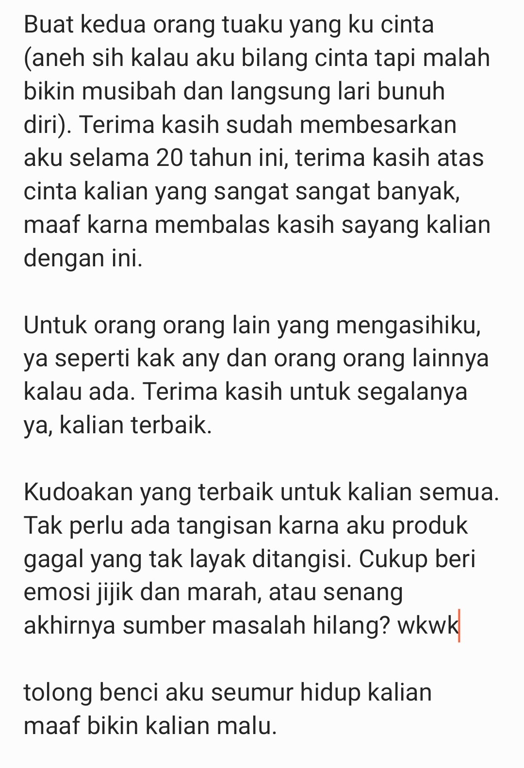 SEBELUM BUNUH DIRI: Isi surat wasiat mahasiswa Unnes Semarang asal Kalimantan Barat yang bunuh diri kepada orangtuanya.