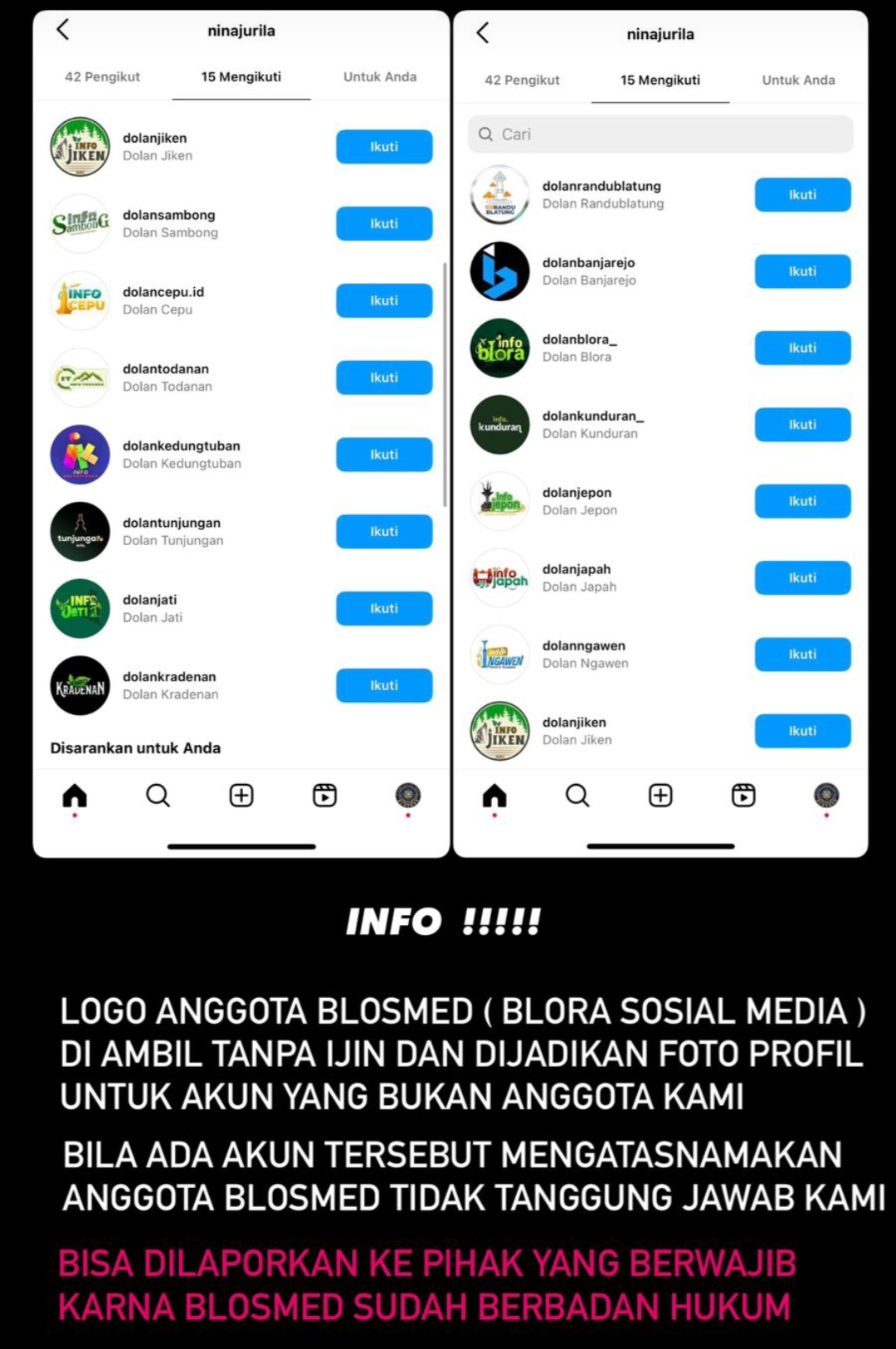 PRIHATIN: Pernyataan dari pihak Blora Sosial Media (Blosmed) yang merasa dirugikan akan beberapa pihak yang tak bertanggung jawab.