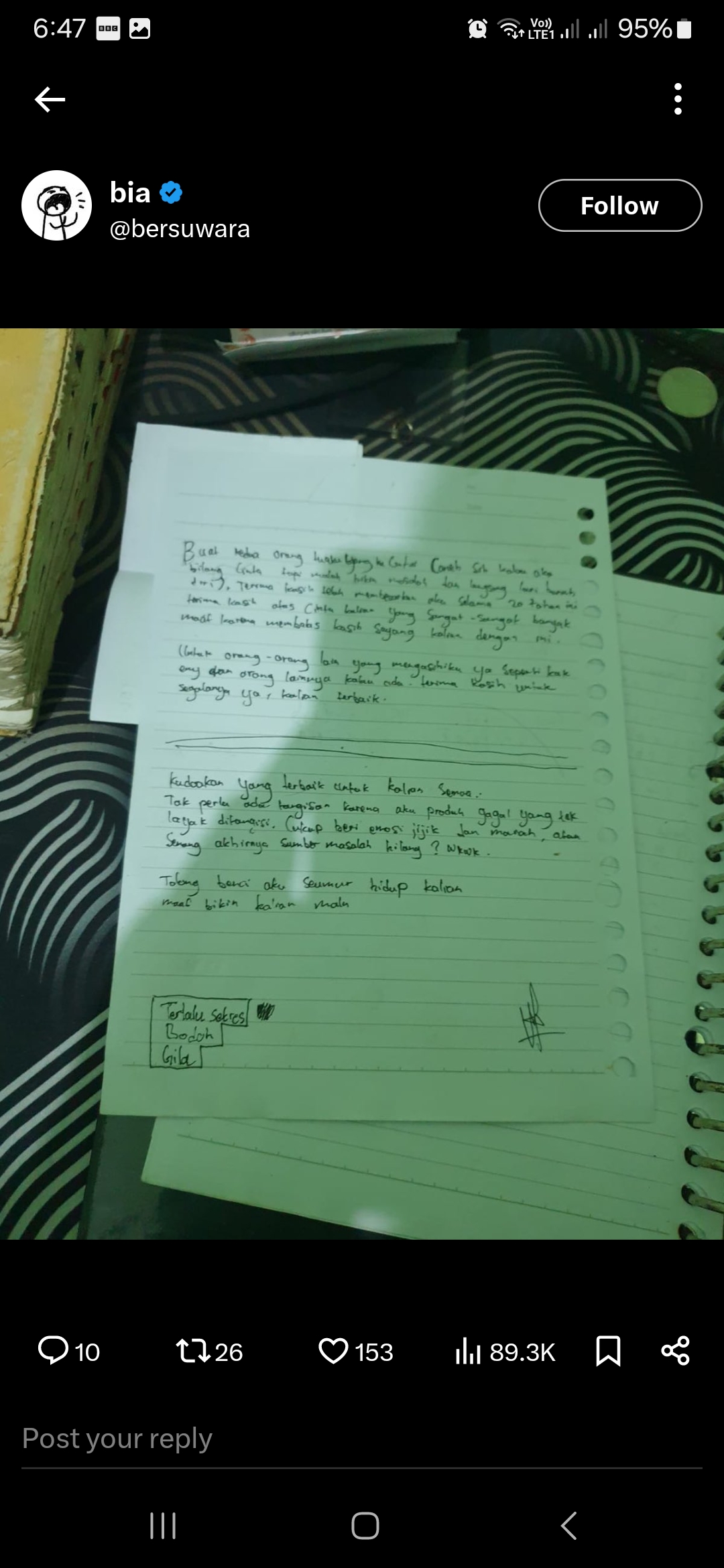 Isi surat korban. Sumber foto: Twitter/X