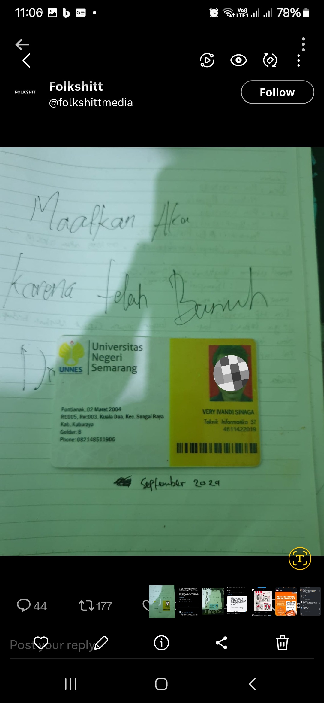 Kartu identitas korban di kampus. Foto: Twitter/X