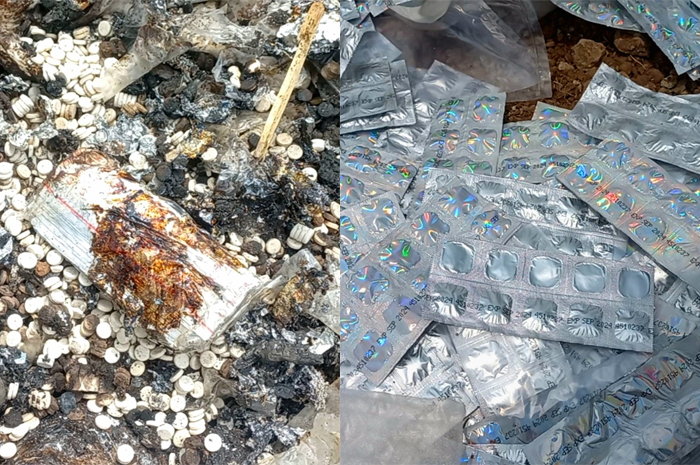 BERBAHAYA: Obat-obatan kedaluarsa sudah terbakar (foto kiri) dan masih berbentuk kaplet.