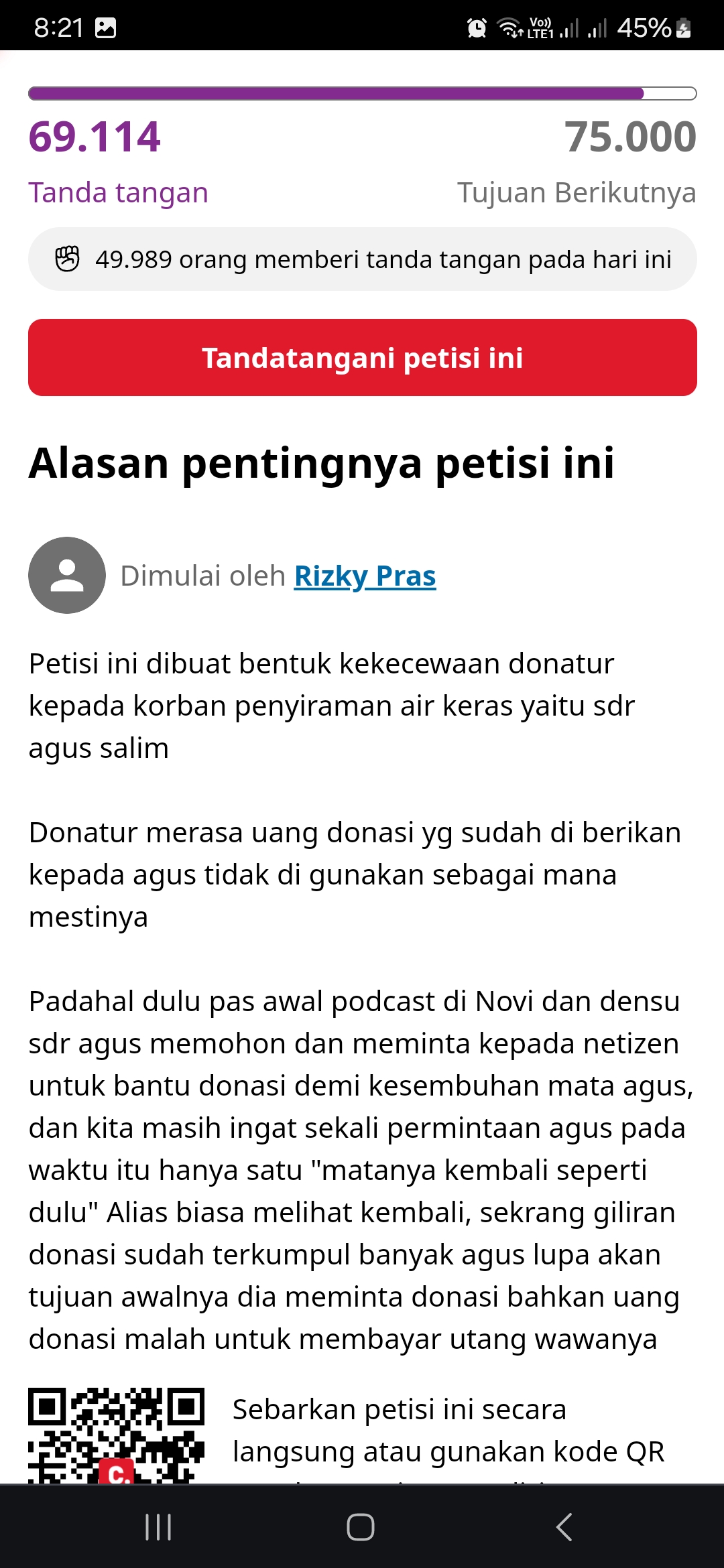 Tangkapan layar change.org Agus Salim