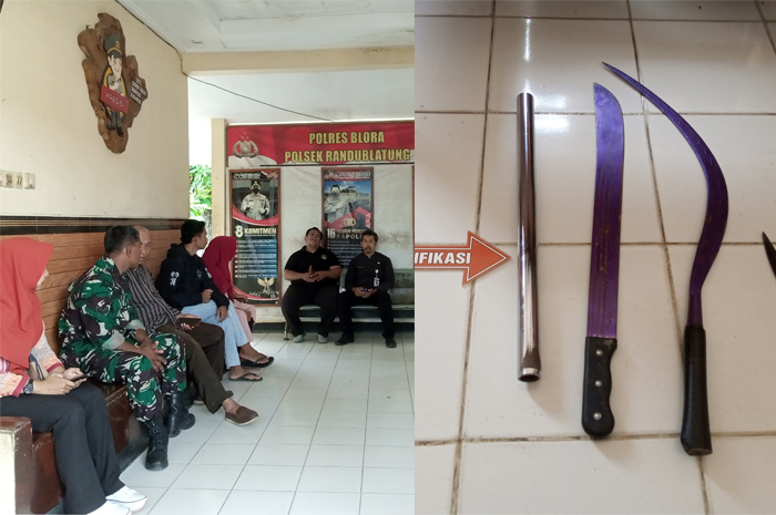 LAPOR: Para orang tua anak sekolah yang ikut mendampingi saat wajib lapor di Polsek Randublatung. Sajam yang dibawa pelajar SMP dan SMA.