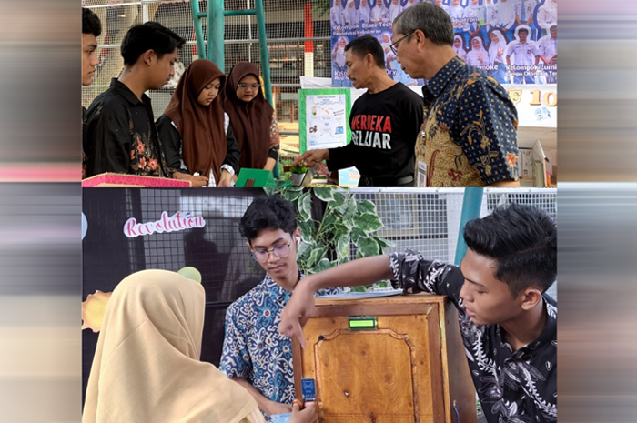 CANGGIH: Kepala SMA 1 Gebog (foto atas) melihat salah satu teknologi kreasi siswa saat Panen Karya P5.