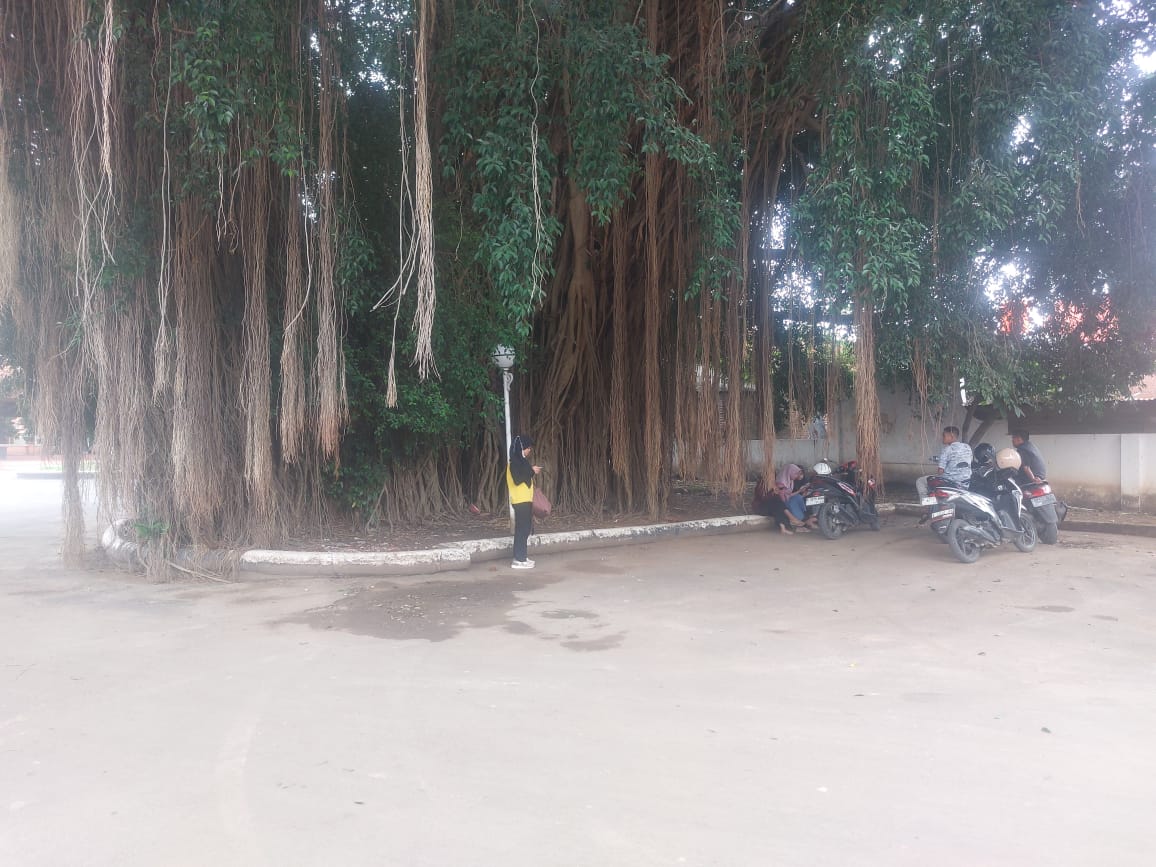 BESAR: Warga setempat duduk di depan pohon beringin area Pendapa Kemiri akhir pekan ini.