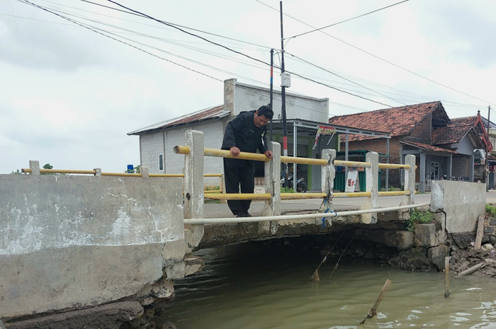 HAMPIR ROBOH: Pengamat Jalan dan Jembatan Wilayah Pati, Budi Utomo pastikan kondisi Jembatan Kali Rodo Desa Kedungmalang Kecamatan Kedung kemarin.