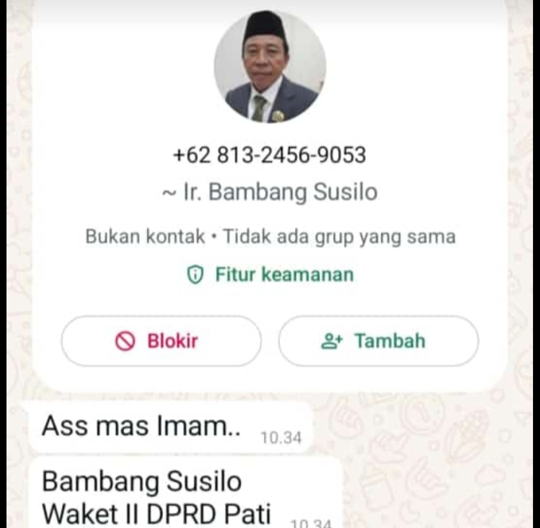 PENIPUAN: Nama Wakil Ketua DPRD Pati sekaligus Ketua DPC PKB Pati, Bambang Susilo, dicatut dalam kasus penipuan.