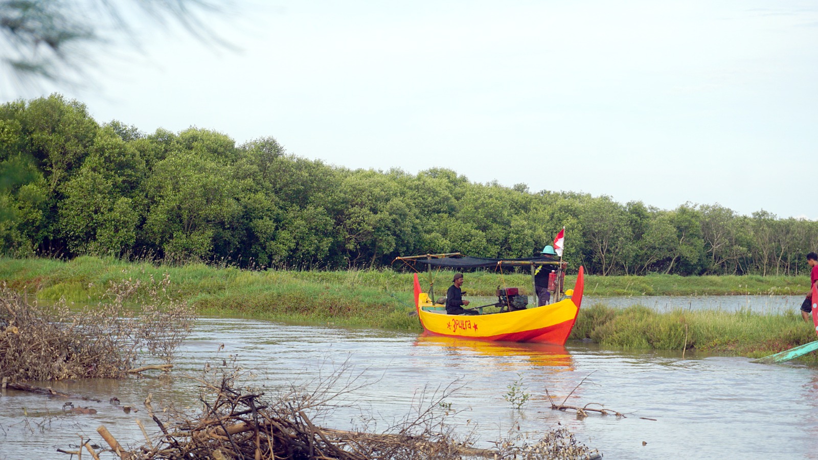 DILESTARIKAN: Sebuah perahu melintas di sungai dengan latar belakang hutan mangrove di pesisir Desa Tluwuk, Kecamatan Wedarijaksa.