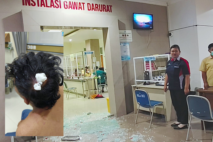 PECAH KACA IGD: Pintu kaca IGD RS Panti Rahayu Yakkum Purwodadi pecah akibat dilempar batu oleh rombongan suporter kemarin. Sementara salah satu korban tawuran suporter mendapatkan jahitan di kepala.