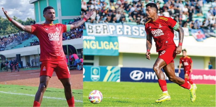 SELANGKAH LAGI: Kapten Persijap Jepara Rosalvo Junior berselebrasi usai mencetak gol ke gawang Persela Lamongan dalam pertandingan Liga 2 di Stadion Tuban Sport Center Selasa (18/2)