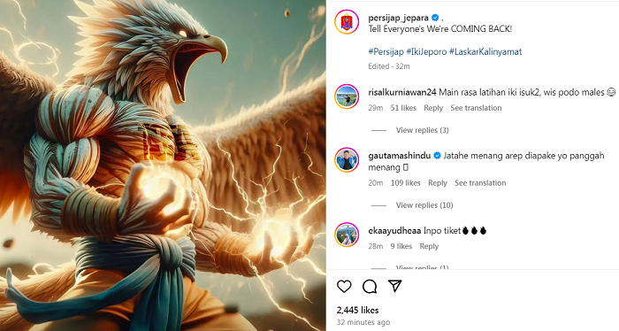 Instagram Persijap Jepara penuh Komen dari Netizen, setelah timnya menang melawan Persela.