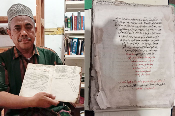 BERUSIA TUA:&nbsp;Abdullah Hamid, edukator di Museum Masjid Jami Lasem menunjukkan syarah Kitab Fathul Muin yang ditulis oleh Sayyid Abdullah.