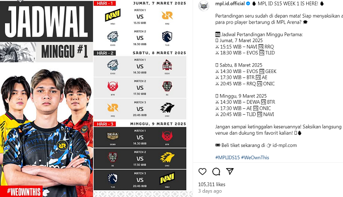 Jadwal MPL ID Season 15 week 1