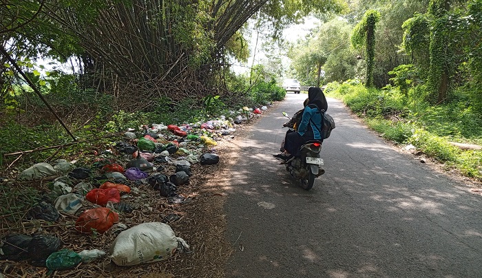 MENGGANGGU : Tumpukan sampah di pinggir jalan, tepatnya di Desa Grogolsari, Kecamatan Pucakwangi.