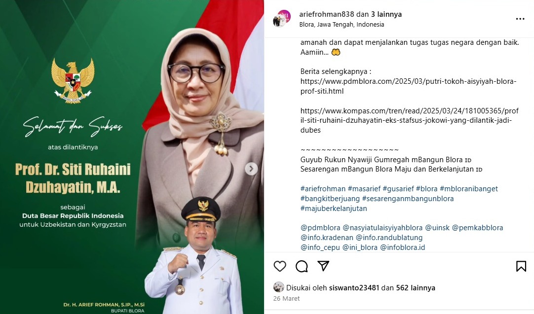 Bupati Blora Arief Rohman memberikan ucapan selamat kepada Mengenal Prof. Dr. Siti Ruhaini Dzuhayatin setelah diangkat jadi Dubes RI untuk Uzbekistan dan Kyrgystan
