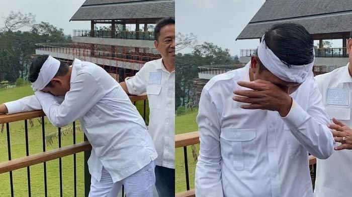 MENANGIS:  Gubernur Jawa Barat Dedi Mulyadi tak kuasa menahan air mata saat menyaksikan kondisi alam di kawasan Puncak, Bogor, yang rusak akibat maraknya pembangunan destinasi wisata pada Kamis (6/3)