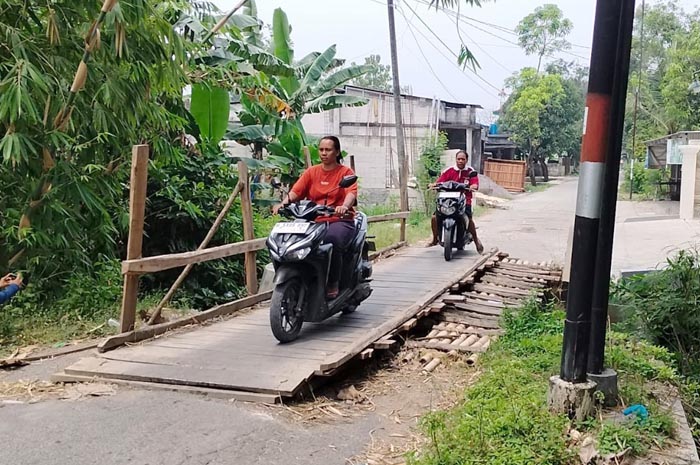 DARURAT: Kondisi jembatan yang ada di Desa Dempel Kecamatan Karangrayung yang menggunakan material bambu.