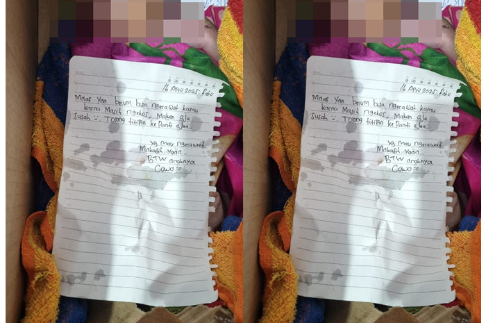 Sesosok bayi laki-laki baru lahir yang ditemukan&nbsp;di depan pabrik PT. Wanxinda Travel Goods, Jepara pada Kamis (17/4).
