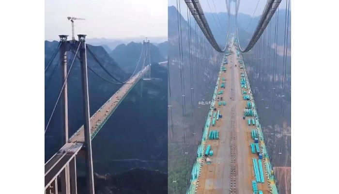 Progres pembangunan Jembatan Huajiang Grand Canyon di China (Foto : Tangkapan layar unggahan X @collinrugg)