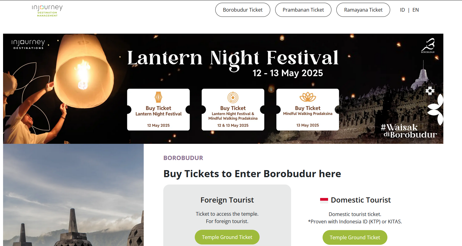 SUDAH BISA DIBELI: Laman web untuk pembelian tiket Festival Lampion Borobudur pada Senin, 12 Mei Mendatang. (TANGKAPAN LAYAR)