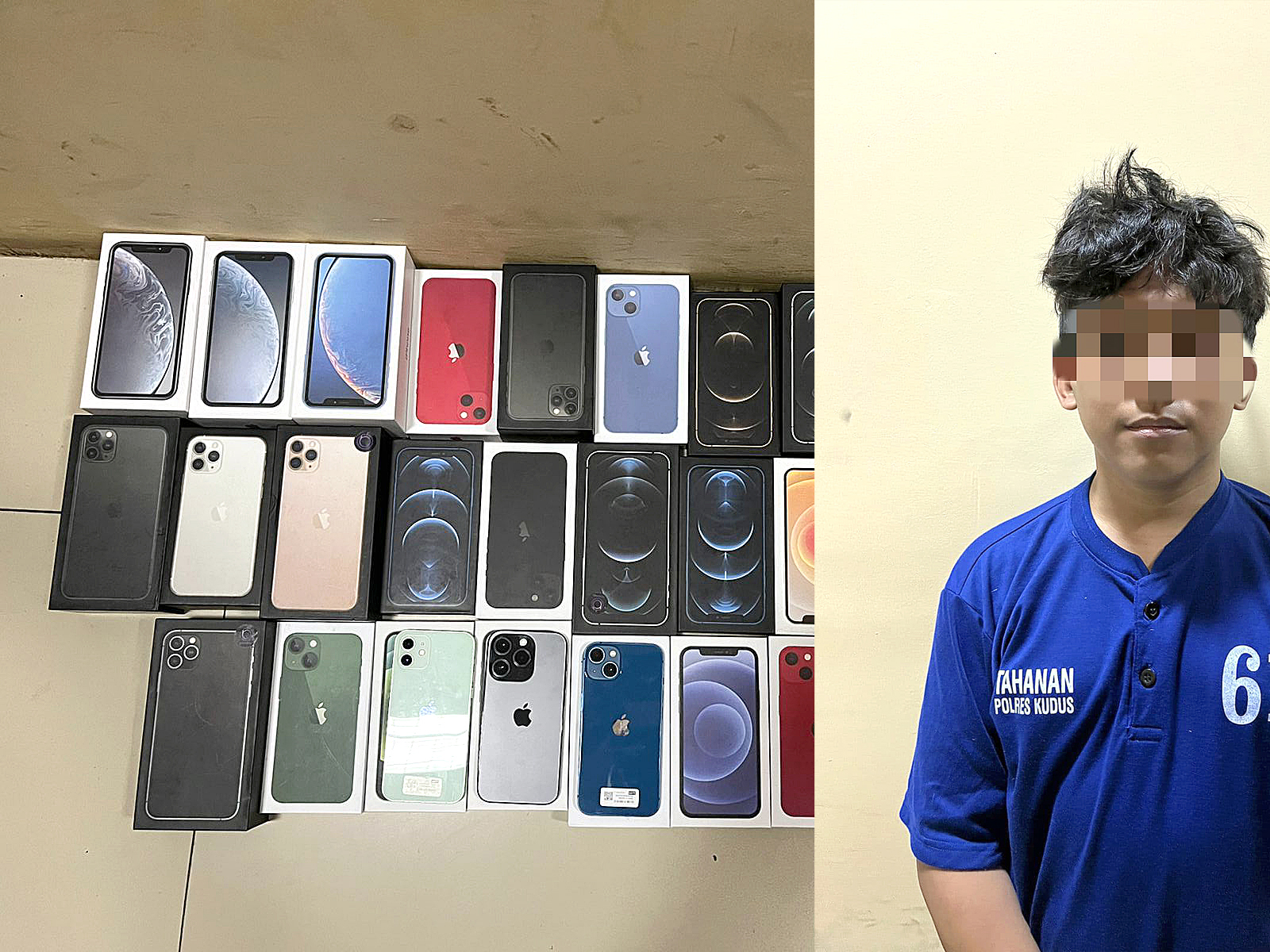 DIBEKUK: Tersangka kasus pencurian 31 ponsel bermerk i-Phone di konter di Kudus.