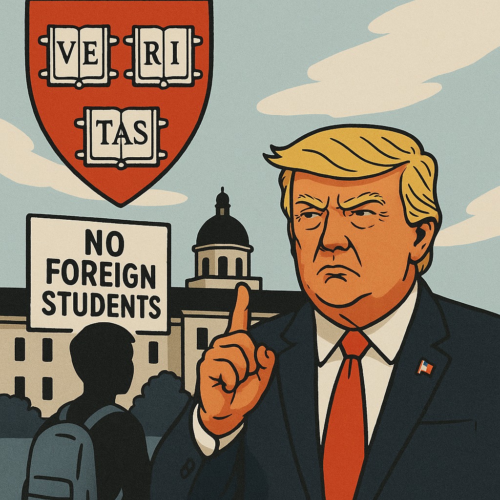 Illustrasi konflik antara Harvard dan Trump.