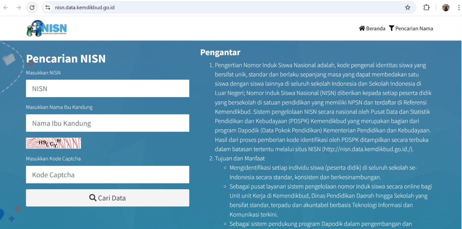 Tampilan awal dari situs resmi nisn.data.kemdikbud.go.id