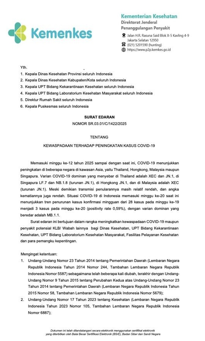 WASPADA: Surat edaran yang dikeluarkan Kementrian Kesehatan terkait Covid-19.