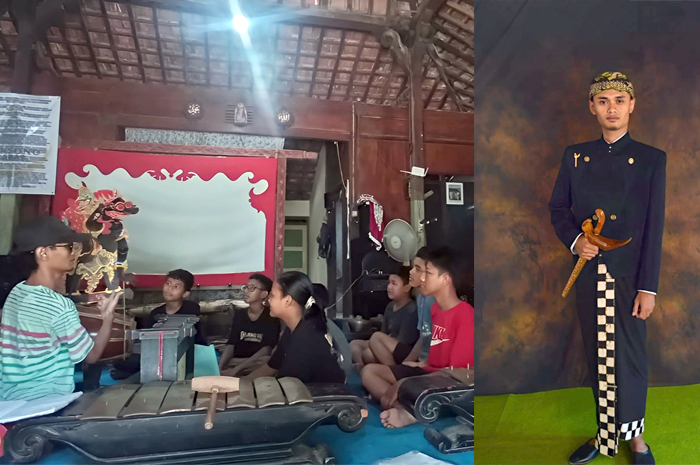 REGENERASI: Murid-murid mendengarkan penjelasan Wisnu Prilaksono saat mengajarkan wayang kulit. Foto kanan, Eko Wisnu Prilaksono.