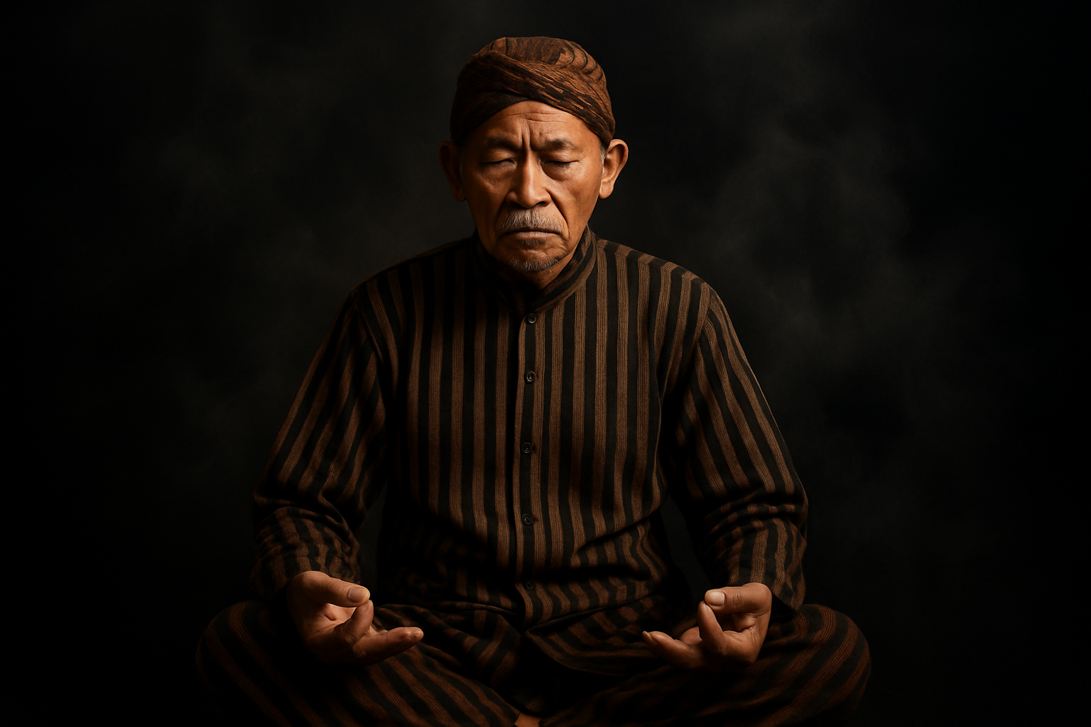 Ilustrasi orang sedang memakai baju jawa dan bersemedi