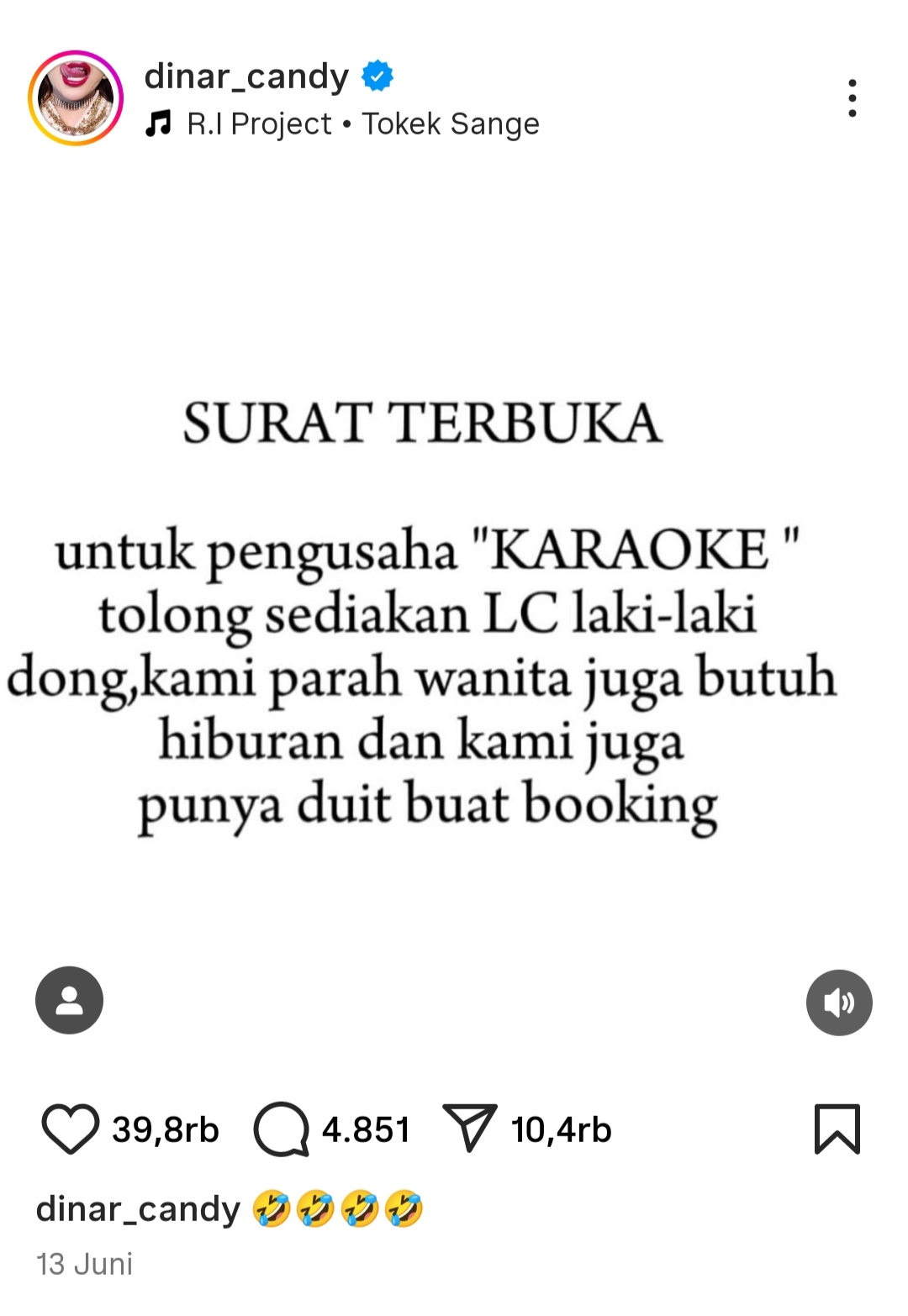 Unggahan Dinar Candy di akun Instagram miliknya, belum lama ini.