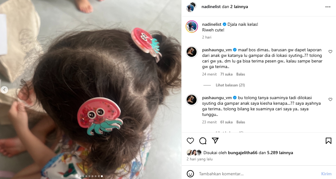 Tangkapan layar instagram Nadine Candrawinata, komen pasha ungu terkait isu Dimas Anggara gampar putranya, Kiesha Alvaro