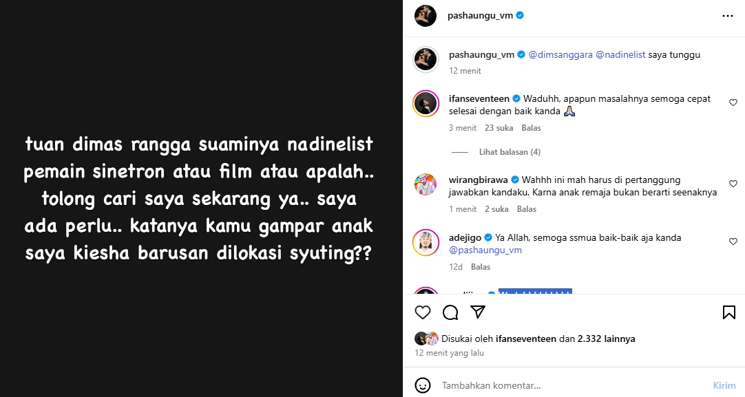 Tangkapan layar instagram pasha ungu terkait isu Dimas Anggara gampar putranya, Kiesha Alvaro