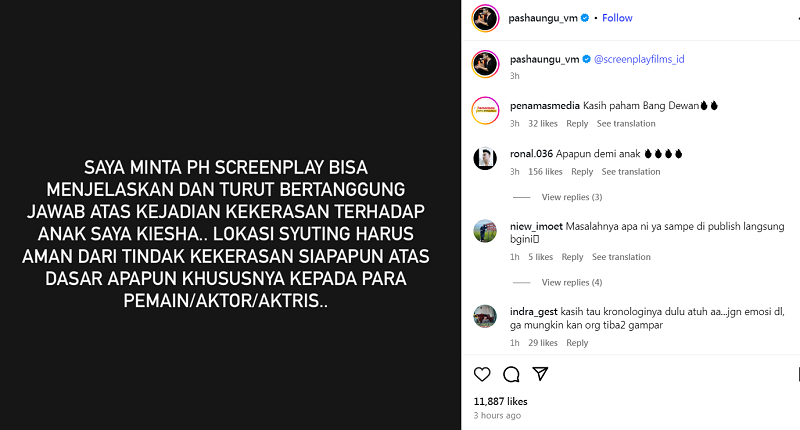 Tangkapan layar instagram pasha ungu terkait isu Dimas Anggara gampar putranya, Kiesha Alvaro