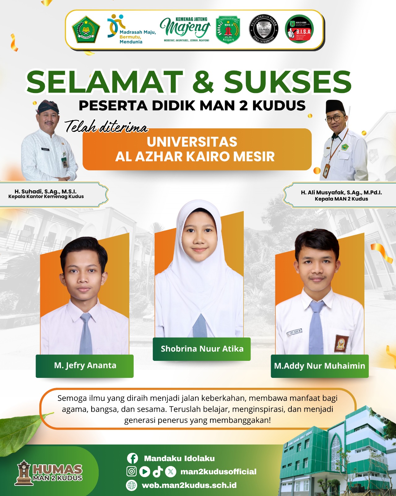 Tiga siswa MAN 2 Kudus lolos kampus ternama yaitu Universitas Alazhar Kairo Mesir