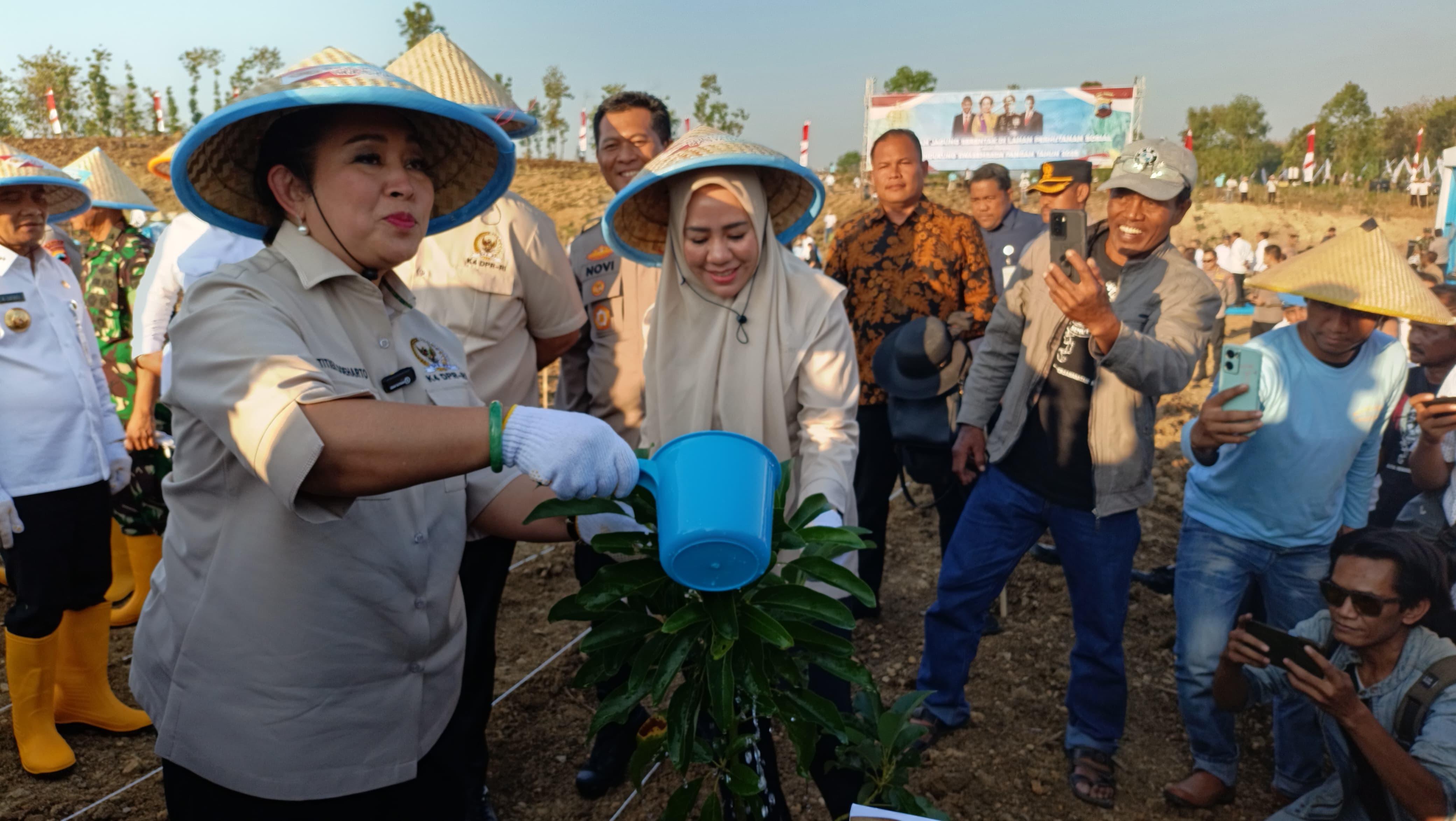 MENANAM: Ketua Komisi IV DPR RI Ibu Titik Soeharto saat menanam pohon di hutan Desa Selojari, Kecamatan Klambu, Grobogan.