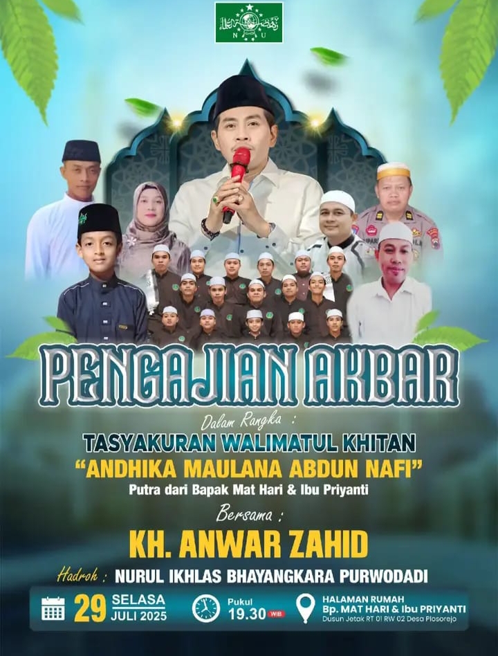 POSTER &ndash; Sebuah poster ajakan warga untuk mengikuti acara pengajian yang dihadiri oleh KH Anwar Zahid dari Bojonegoro.