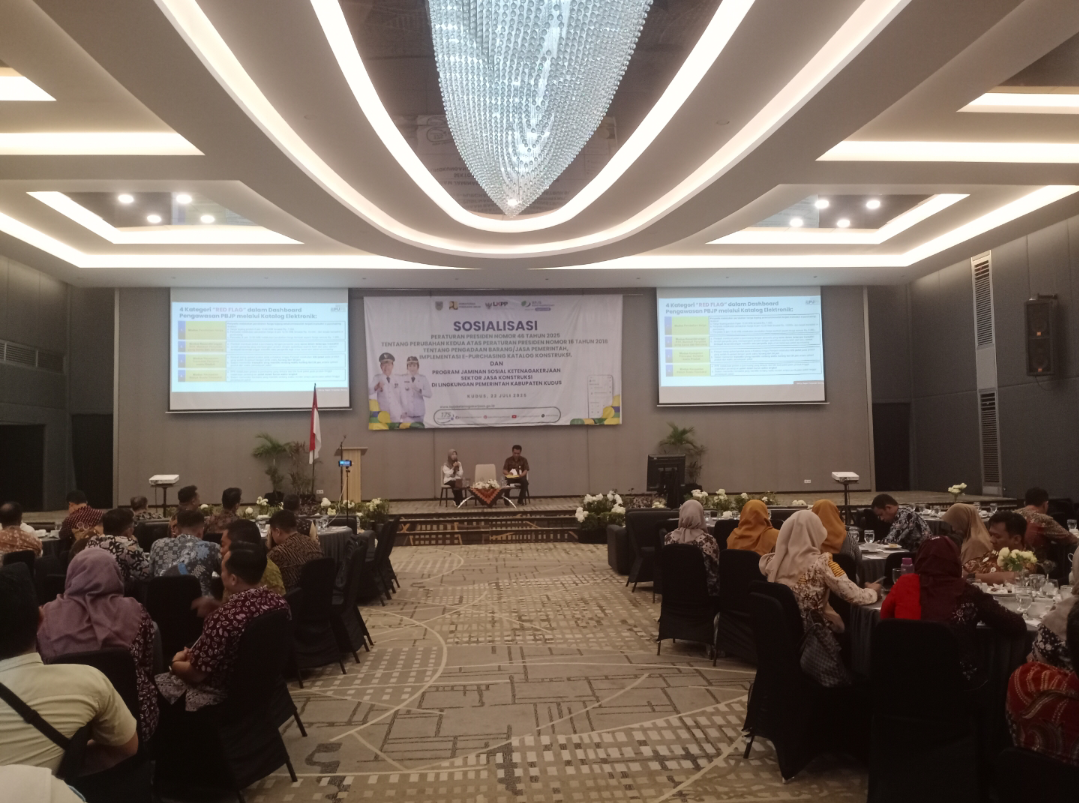 SOSIALISASI: Pemkab Kudus bersama BPJS Ketenagakerjaan dan LKPP mensosialisasikan Perpres nomor 46 tahun 2025 di Hotel Griptha, pagi ini. (ANDIKA TRISNA SAPUTRA/RADAR KUDUS)