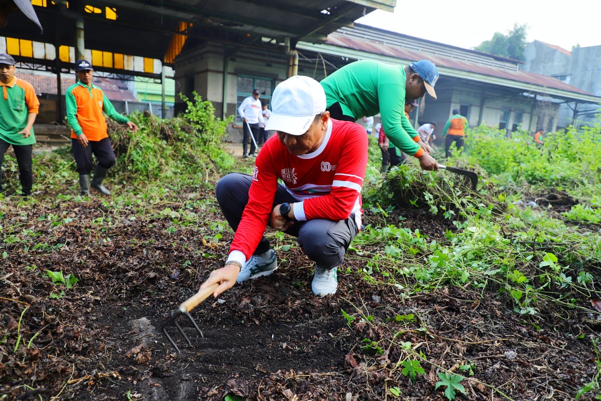 BERGERAK CEPAT: Bupati Kudus Sam&rsquo;ani Intakoris membersihkan rumput liar di eks Stasiun Kudus.