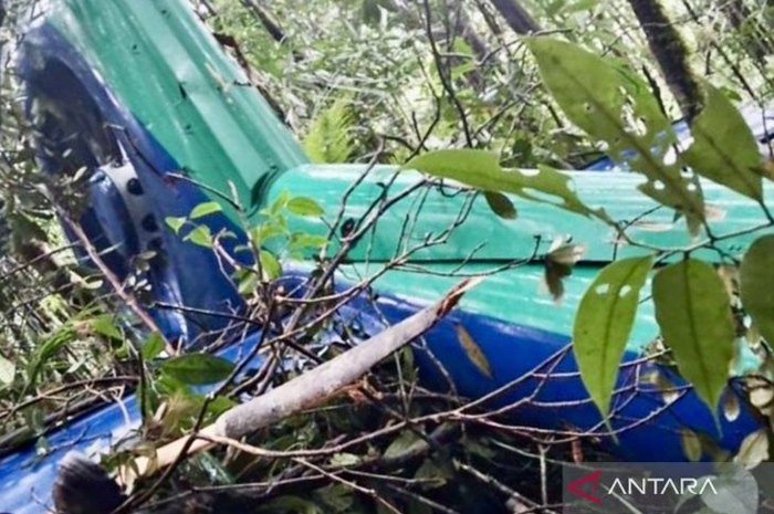 Foto bagian ekor dari bangkai Helikopter BK117 D3 yang hangus terbakar dalam kecelakaan jatuh di kawasan hutan sekitar Air Terjun Mandin Damar, Kecamatan Mentewe, Tanah Bumbu, Kalimantan Selatan,