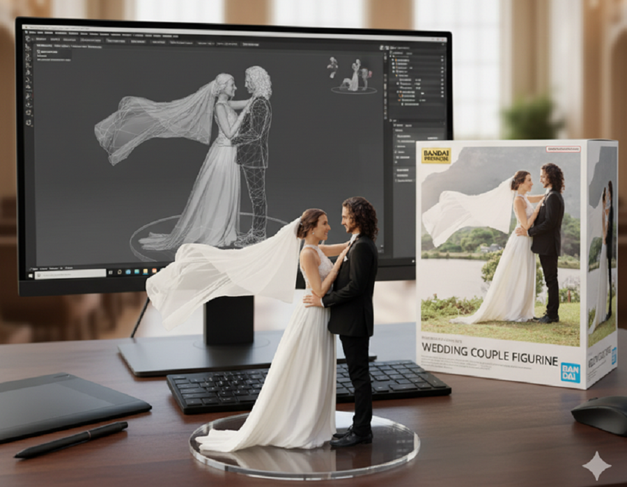 Ilustrasi Couple Wedding Tren Miniatur AI menggunakan google gemini