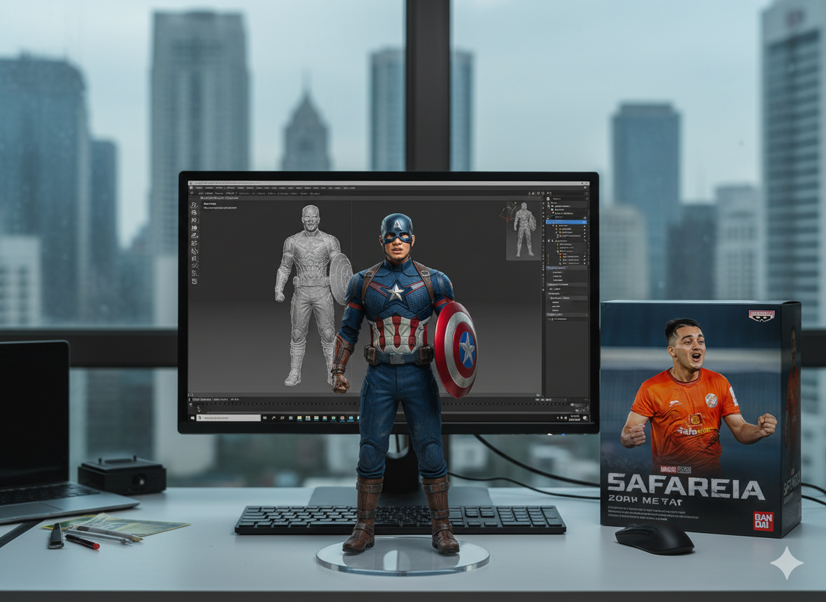 Ilustrasi Tren Miniatur AI super hero Captain America menggunakan google gemini