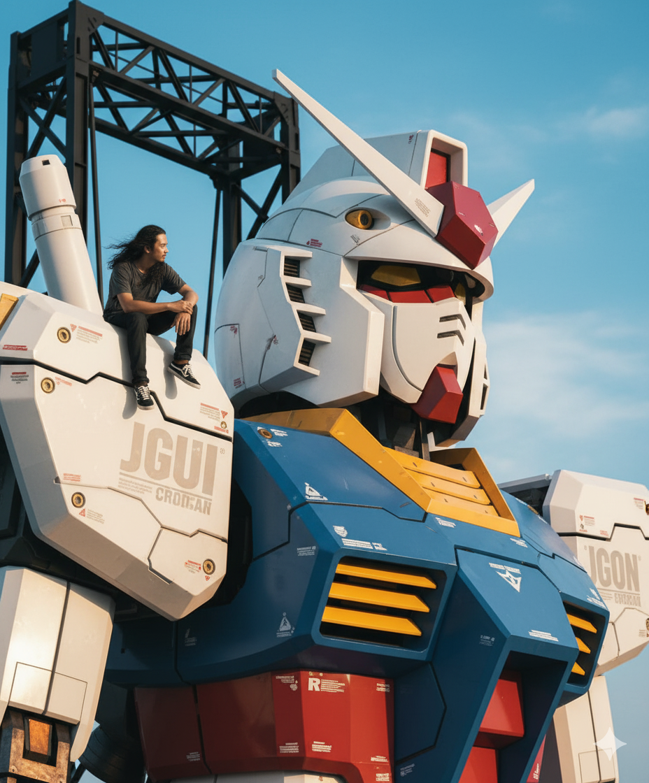 Ilustrasi Tren Miniatur AI duduk diatas gundam menggunakan google gemini