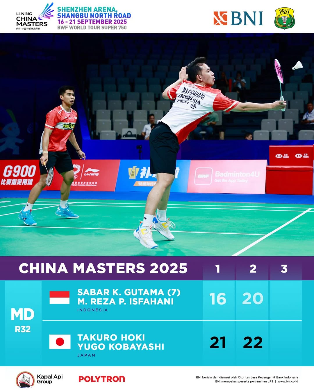 Sabar/Reza tidak berhasil ulangi kemenangan minggu lalu atas Hoki/Kobaya dengan score